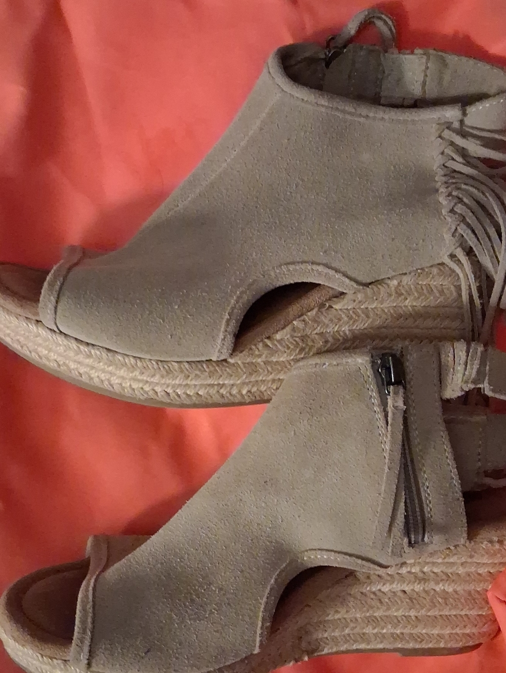 Minnetonka Taupe Suede Fringe Espadrille Wedges with Side Zip